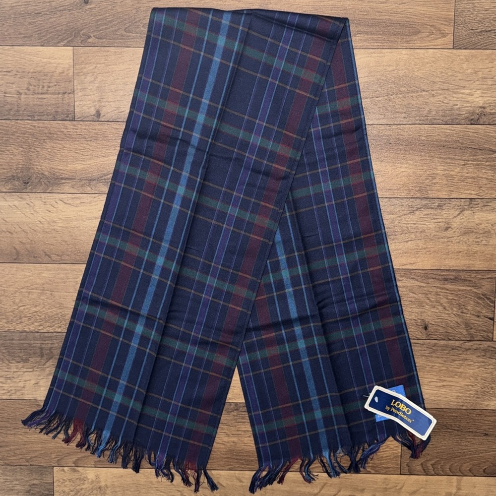 Pendleton Lobo Scarf NWT Navy Blue Plaid Printed Cotton Wool Blend Made In USA